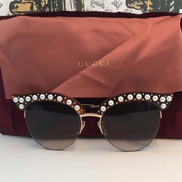 New Authentic Gucci Pearl-Embellished Sunglasses - Brown GG0212s 002 - Picture 10 of 12